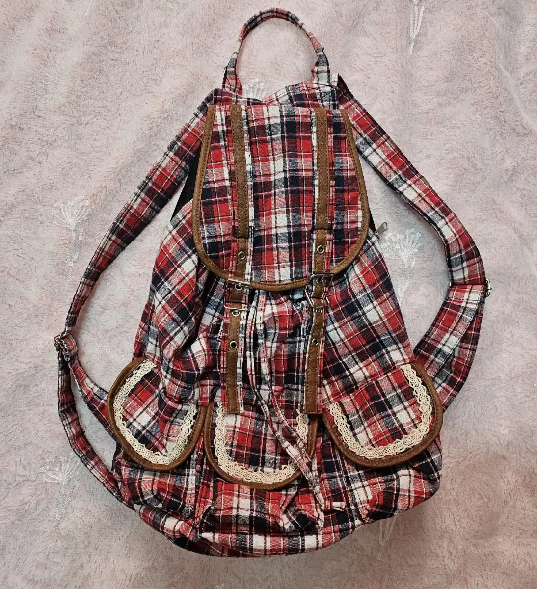 Japanese Vintage Mori Mori Girl Backpack Bag Check Lay 3 Pockets Leather Aoi e:u