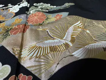 블랙 전통 예복 기모노 화장 길이 65.5cm 학, 송죽 매화, 부채