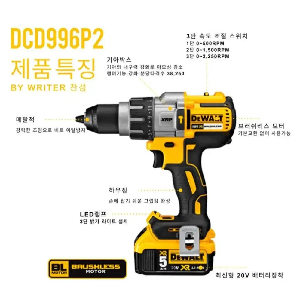 디월트 DCD996P2 충전 햄머드릴 20V 5.0Ah 배터리2개세트