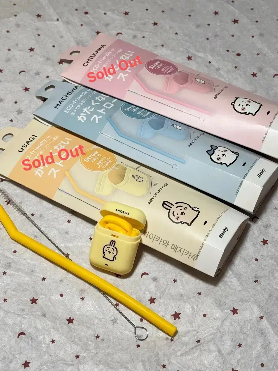 현물,미개봉_ 치이카와 실리콘 스트로우 빨대 케이스 세트 하치와레 텀블러
