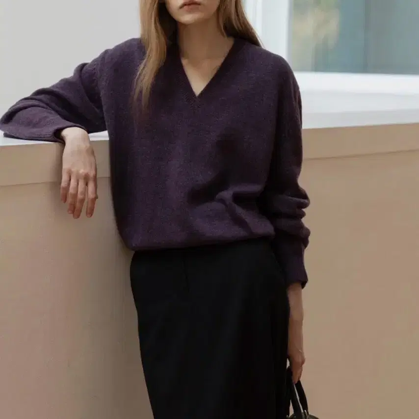 문달 Deep V-Neck Knit in purple