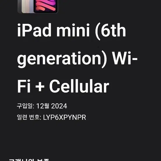 아이패드 미니6 스그 256 셀룰러(새상품) 24년 12월 19일 구매