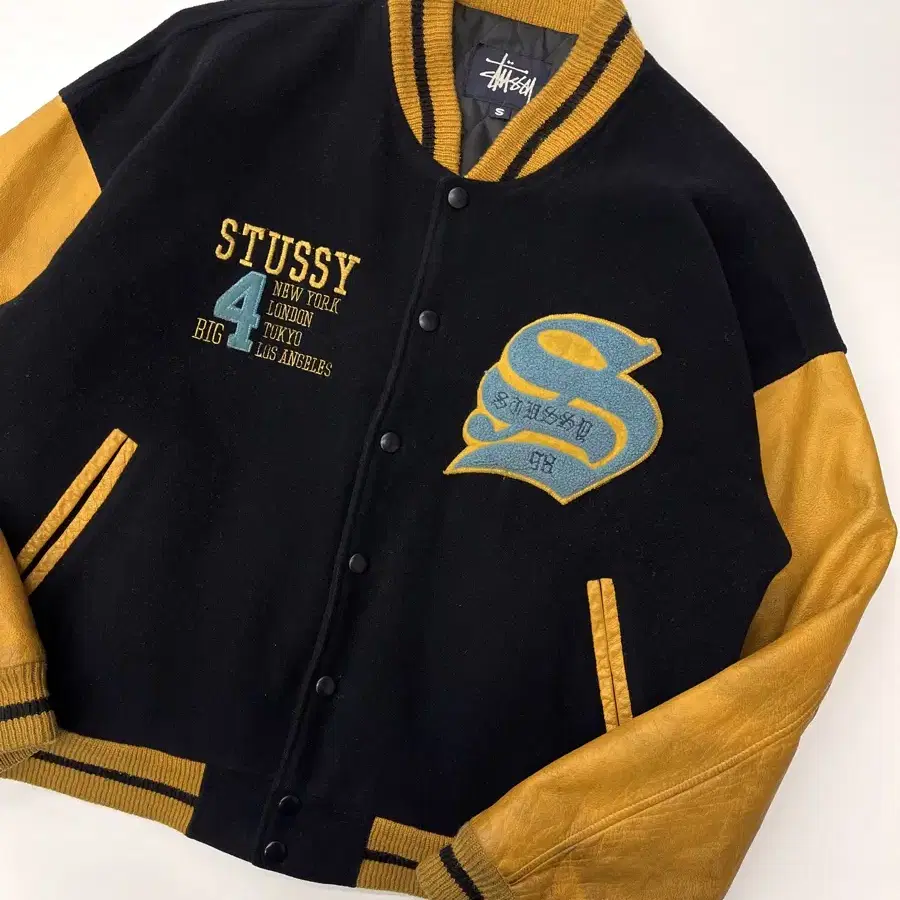 STUSSY 스투시 90 s Big 4 다크네이비-옐로우 바시티 자켓