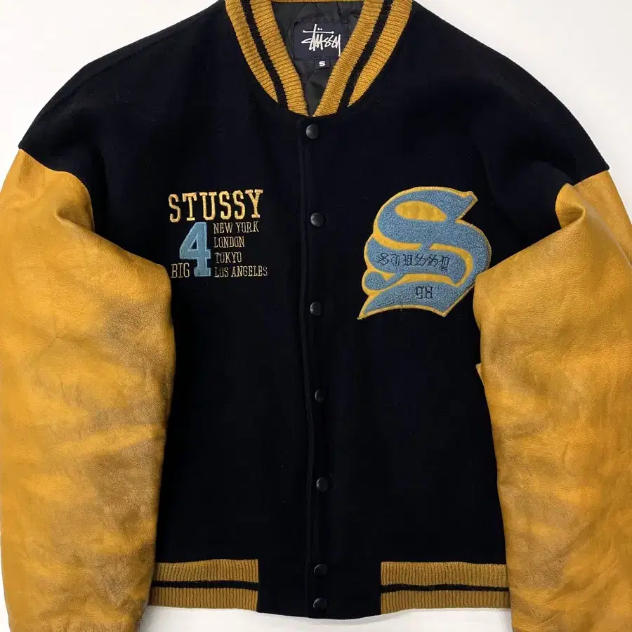 STUSSY 스투시 90 s Big 4 다크네이비-옐로우 바시티 자켓