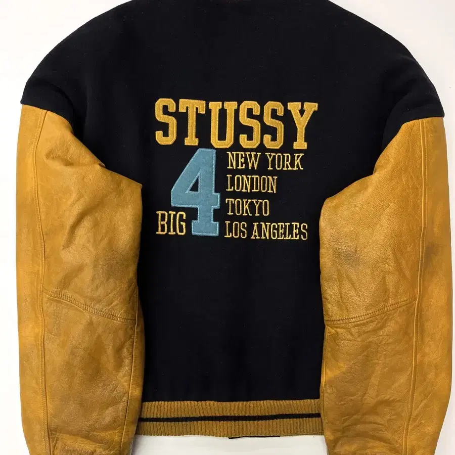 STUSSY 스투시 90 s Big 4 다크네이비-옐로우 바시티 자켓