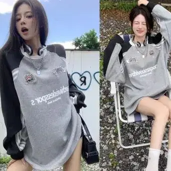 힙디퍼맨투맨티 배색 레터링 박시핏 캐주얼룩 데일리