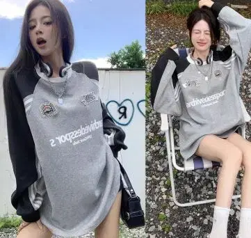 힙디퍼맨투맨티 배색 레터링 박시핏 캐주얼룩 데일리