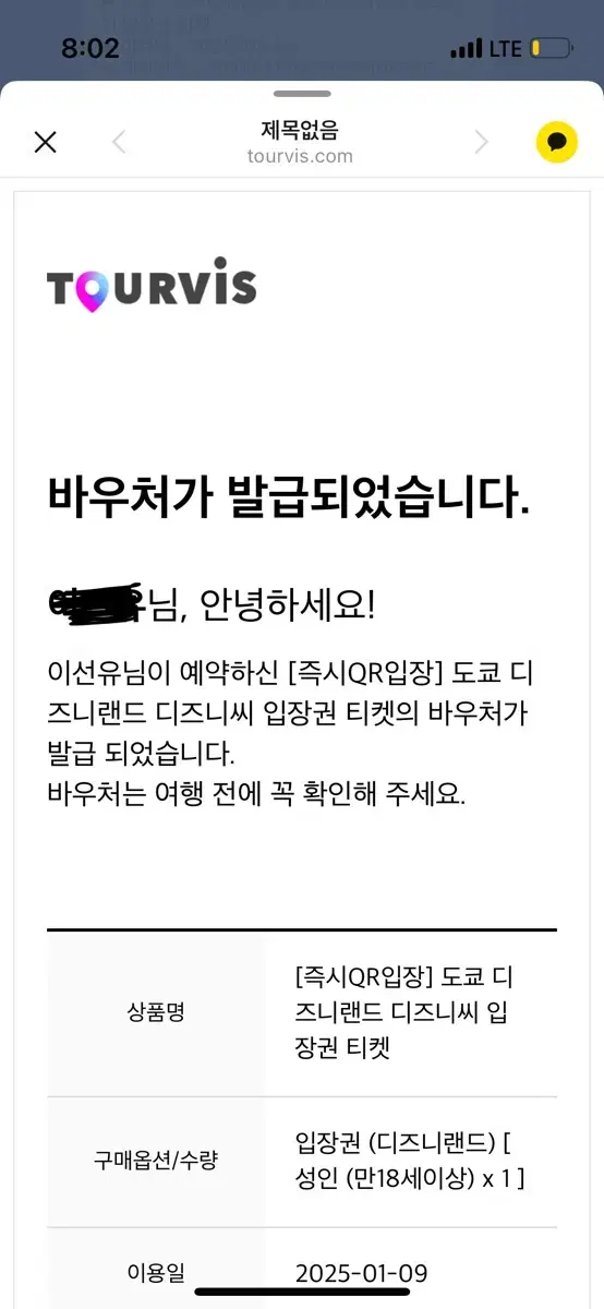 도쿄 디즈니랜드 1월 9일 입장권 (성인)