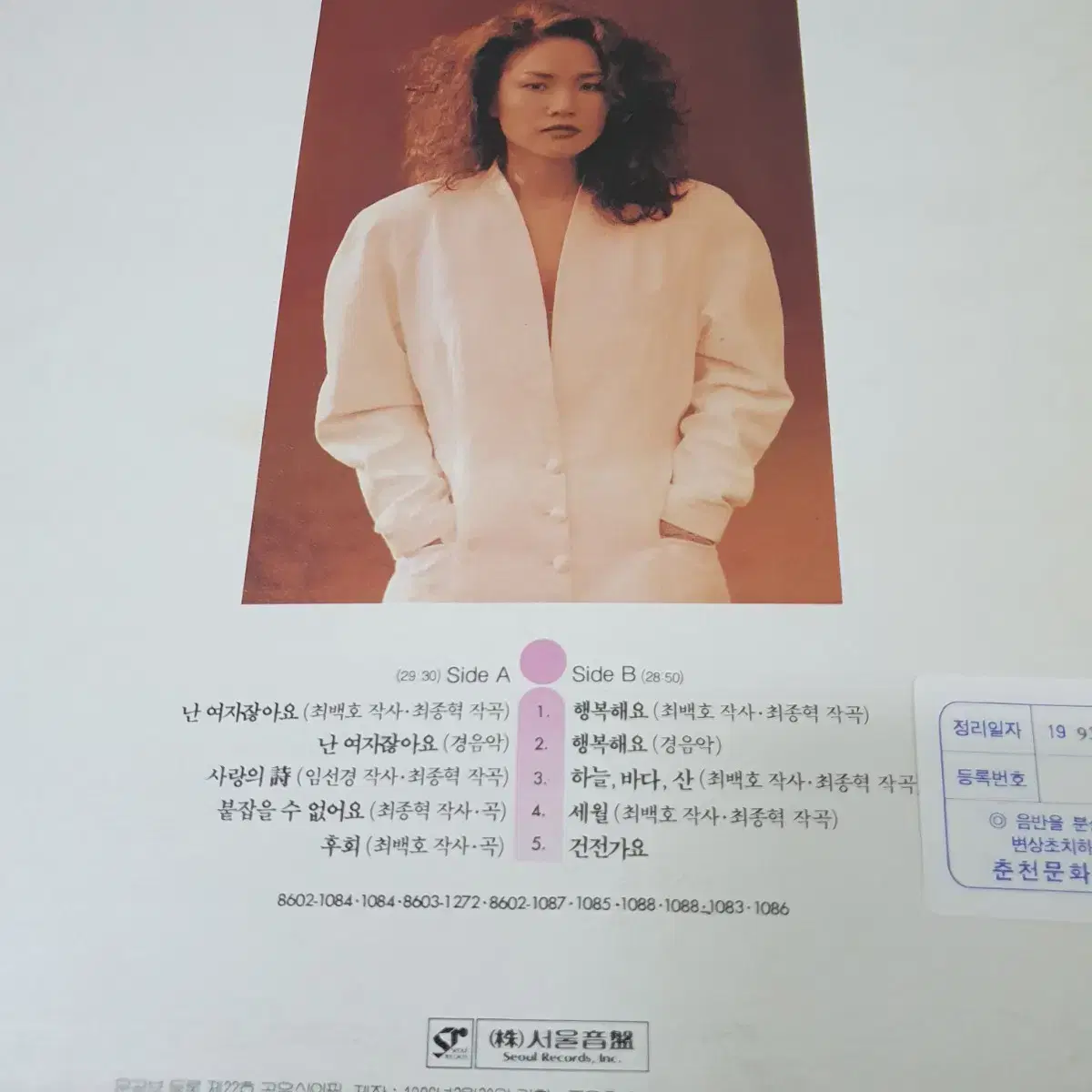 서애린 LP  1986    최백호작사.작곡 참여앨범