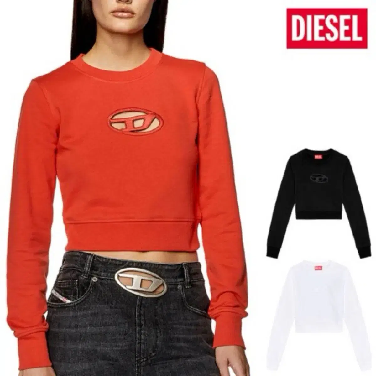 [Diesel] Women's Red F Slimmy O Cutout Logo Crop Top Sweatshirt