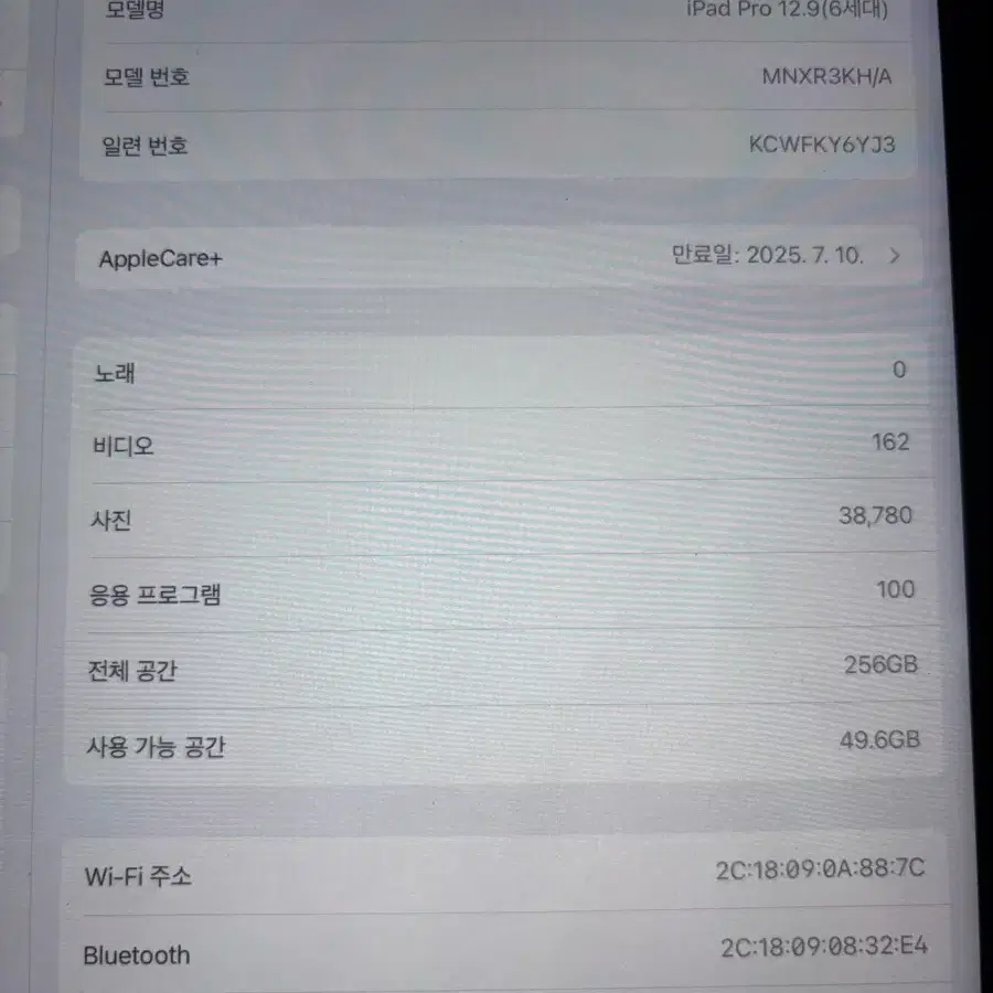 아이패드 12.9 6세대 256gb 애플케어ㅇ
