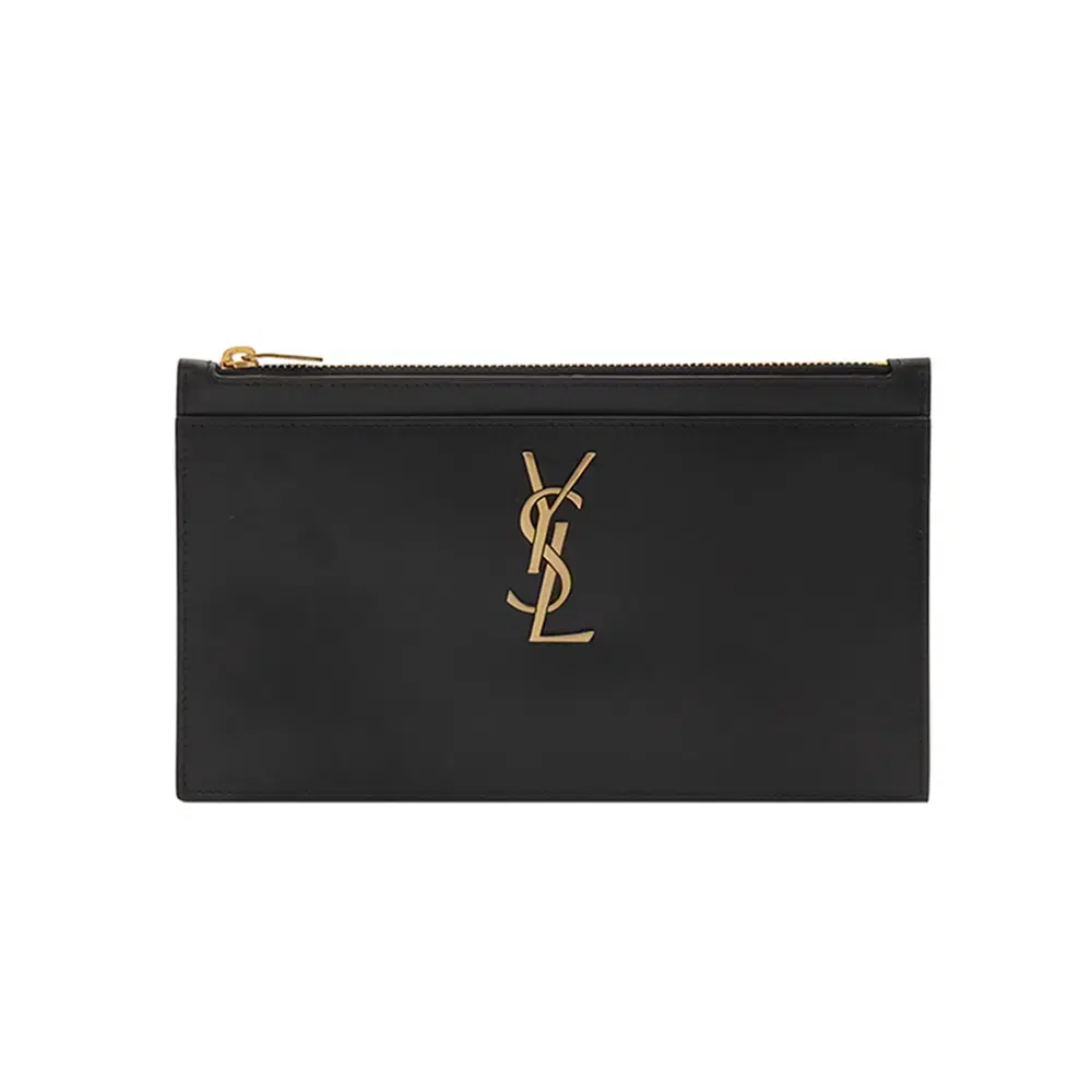 Saint Laurent Black Smooth Calfskin with Keum Monogrammed Bill Pouch / 636316