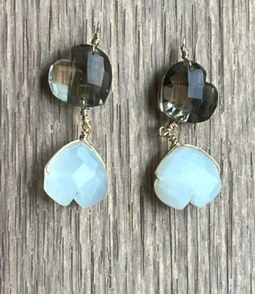 14kgf 스모키 쿼츠&화이트 문스톤 귀걸이 참