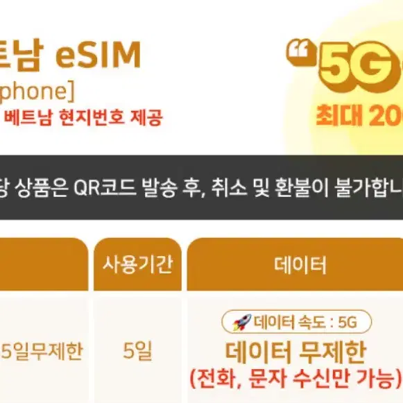 베트남 eSIM 5일 데이터 무제한 1인 판매합니다!!