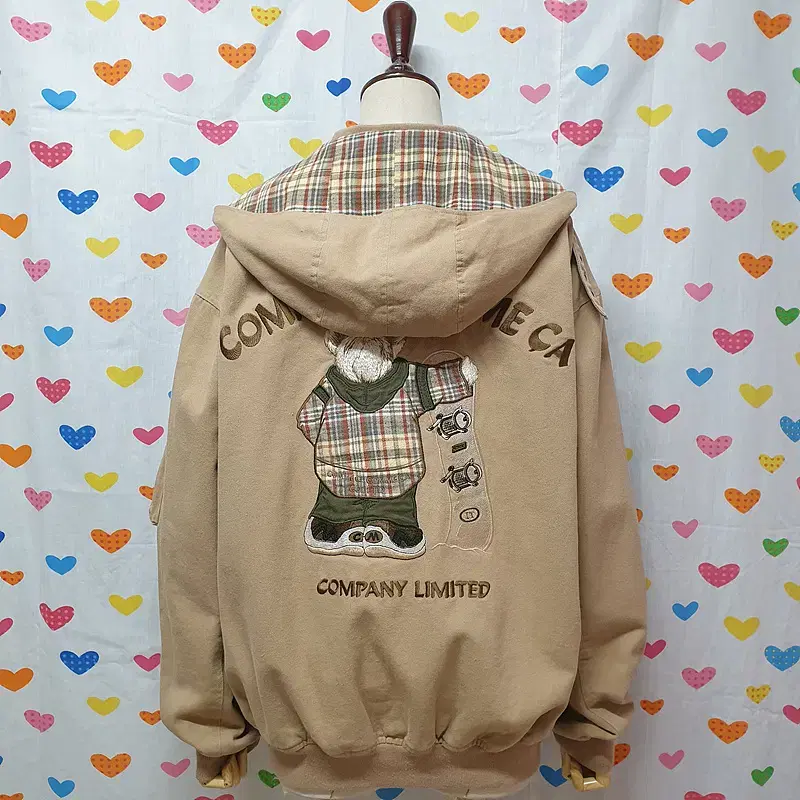 Khaki check skateboarding teddy bear embroidered hooded zip-up jumper bloo jacket parka