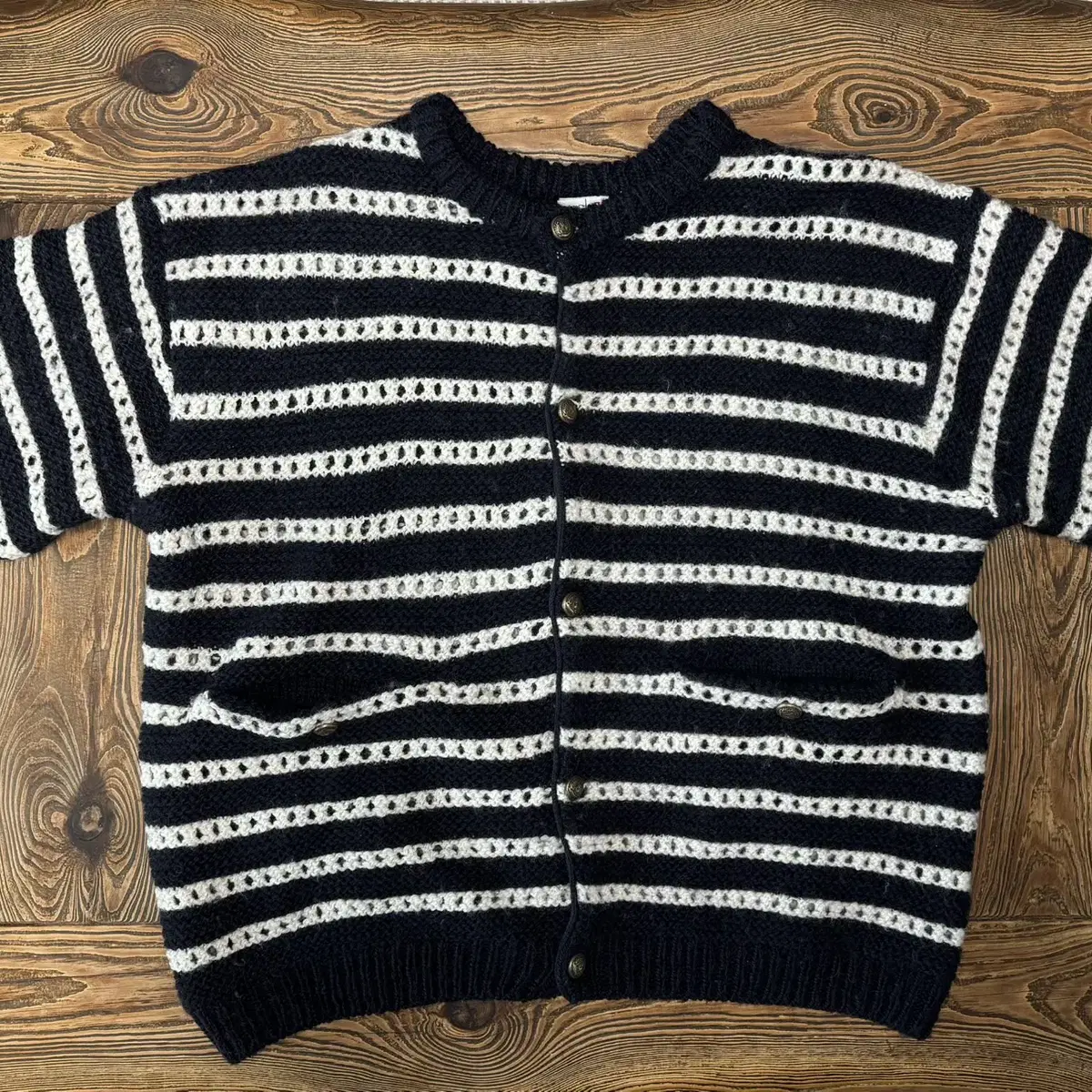 STU Round Neck Stripe Cardigan Navy