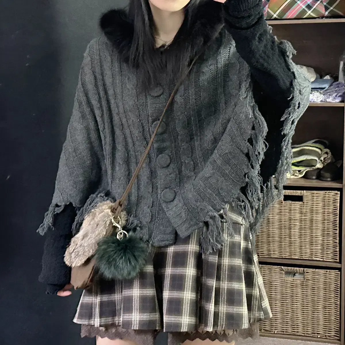 Y2RabbitFurHoodiePufferKnitTasselFringePonchoPoncho CardiganJapanVintageMoriGirlHagumorook