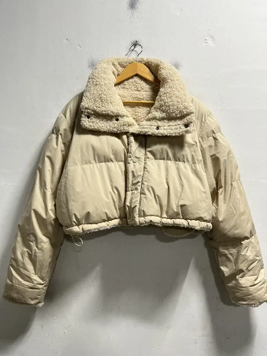 95-100 Cream Beige Overcoat Fleece Puffer Crop Padded Jacket