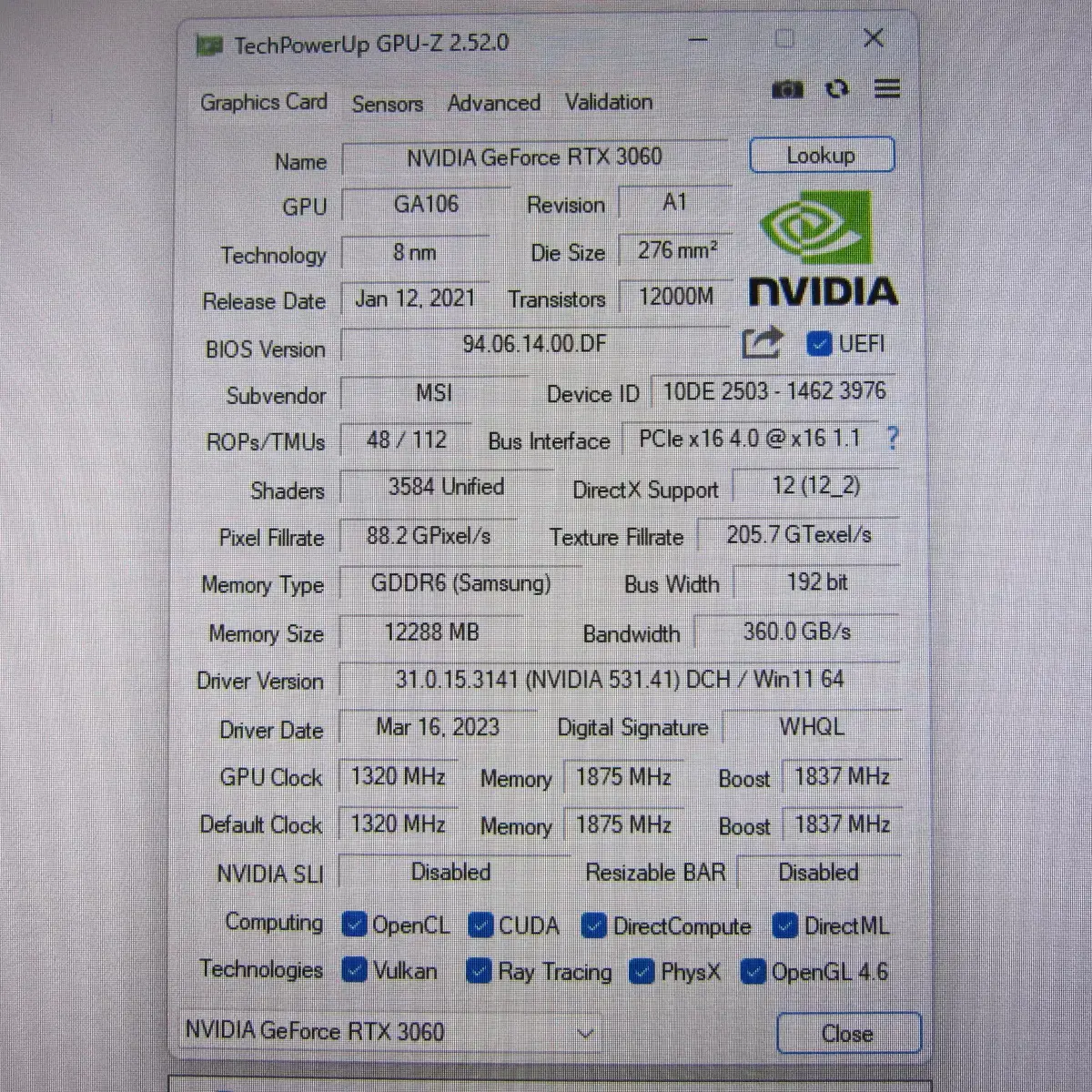 MSI RTX3060 게이밍 X D6 12GB 트윈프로져8