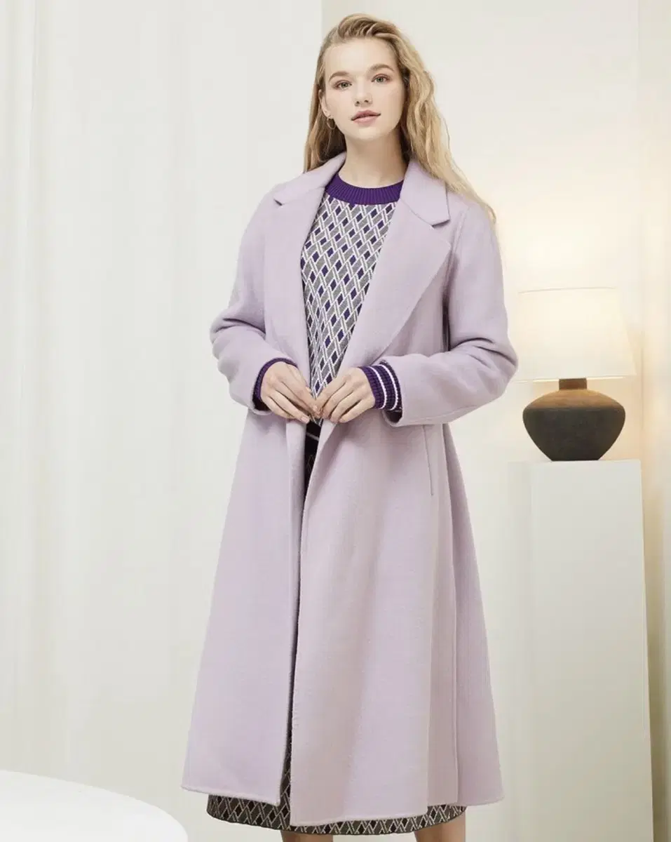 Atconner Violet Momo Blend Solid Belted Long Coat