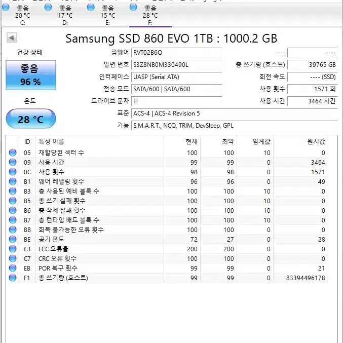 깨끗한 삼성 SSD 860 EVO 1TB 팝니다