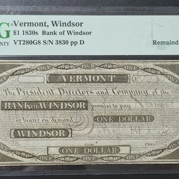 미국 고전지페  $1 1830s Bank of Windsor  67등급