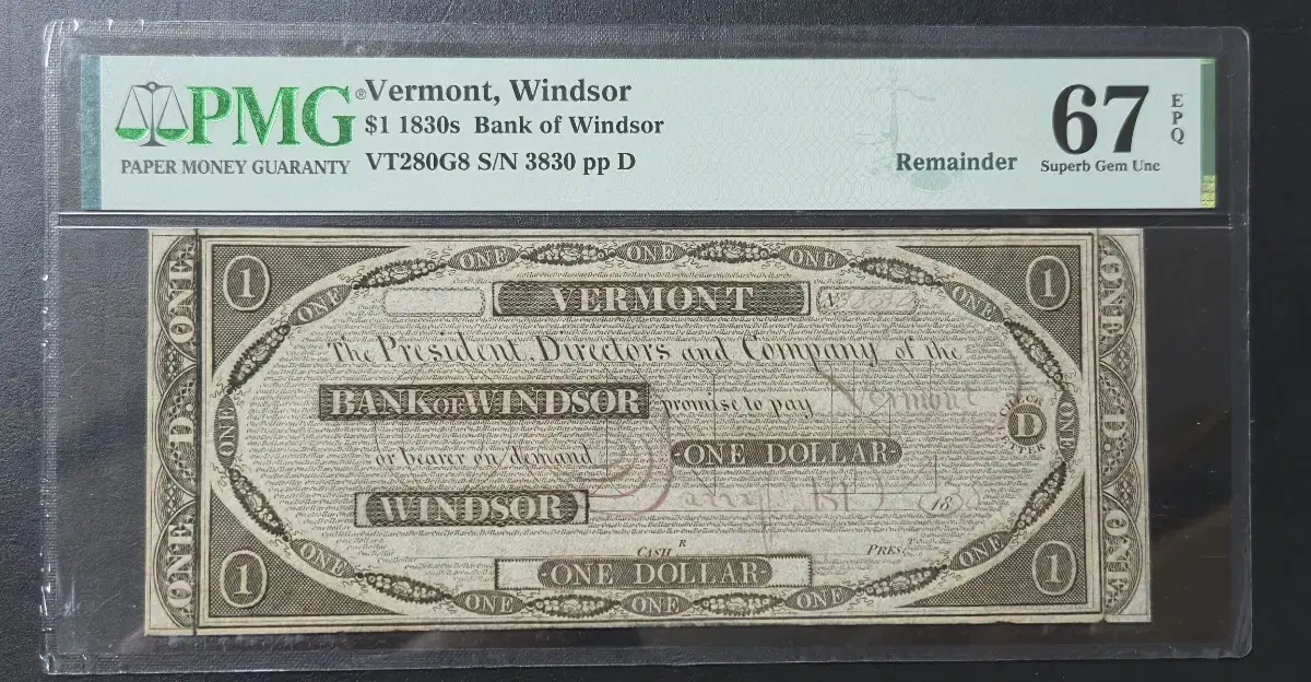 미국 고전지페  $1 1830s Bank of Windsor  67등급