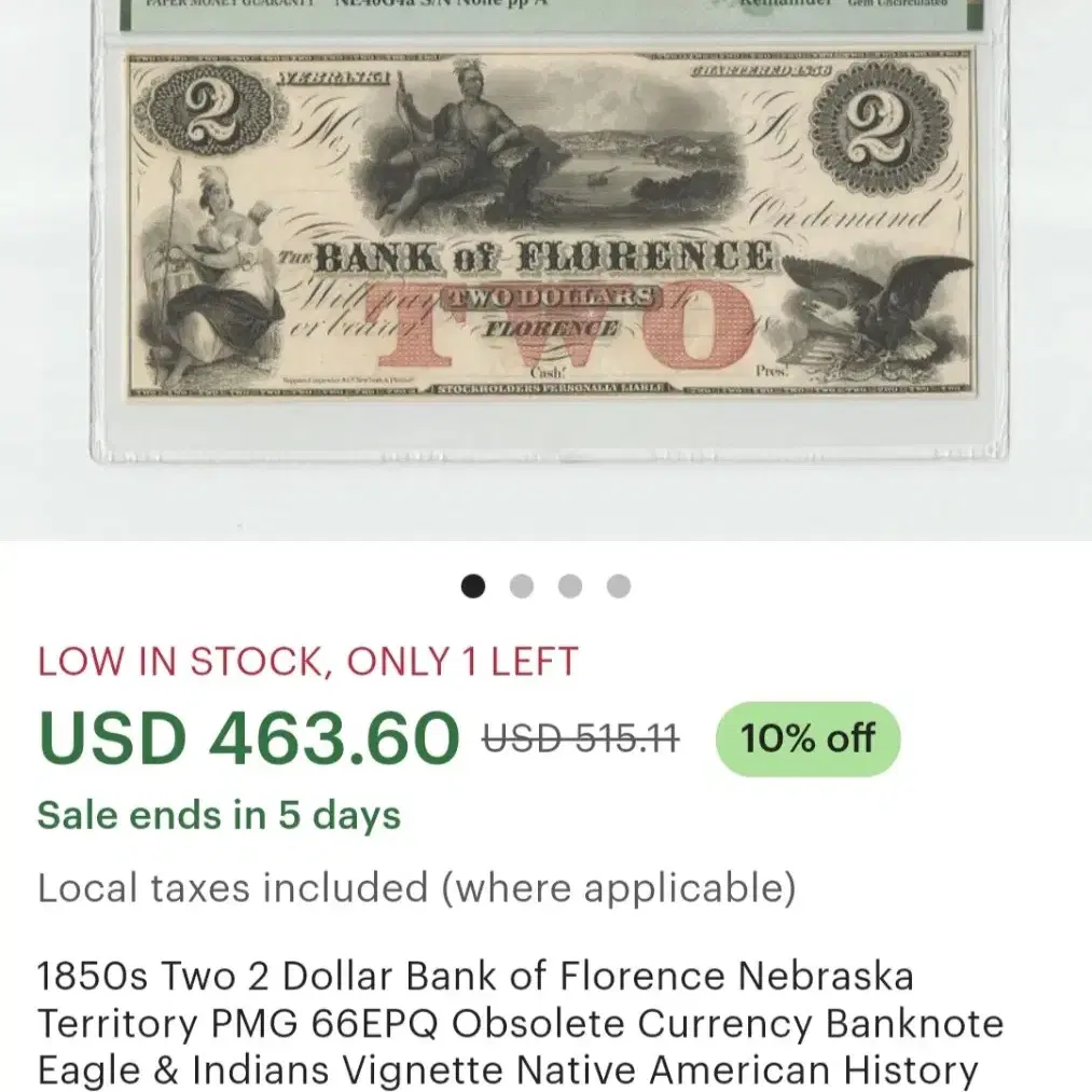 미국 1850년  $2 1850s Bank of Florence 귀한