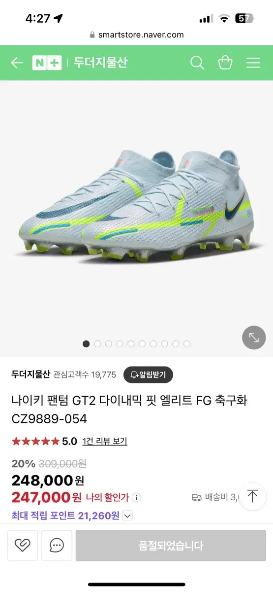 나이키 팬텀 GT2 다이내믹 핏 엘리트 FG 축구화 270