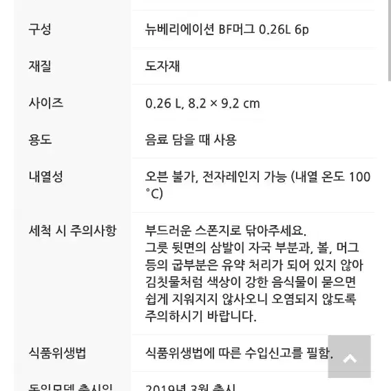 영국 뉴베리에이션BF일자 (A형)머그잔0.26L 6개( 백화점정품