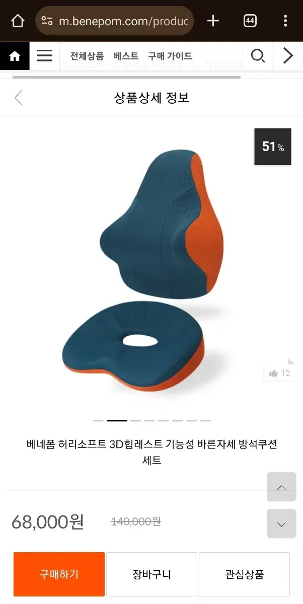 베네폼 기능성 방석 / 등쿠션