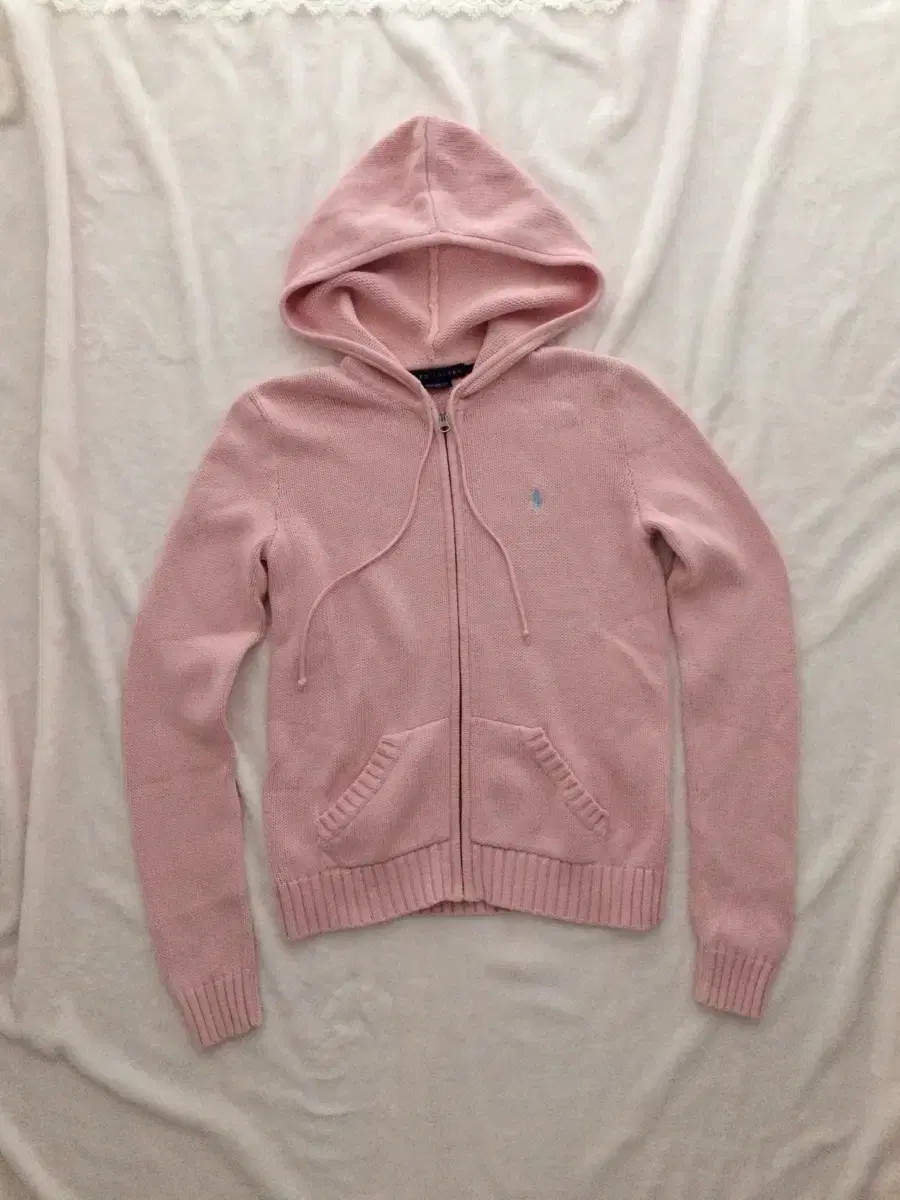 Vintage polo knit hooded zip-up baby pink