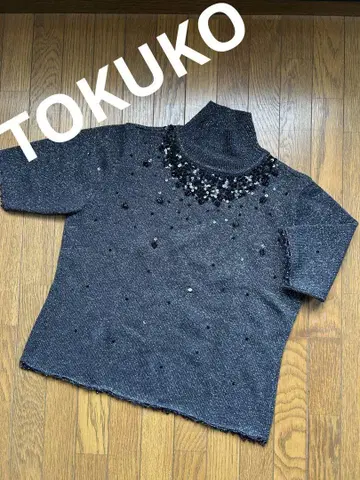 TOKUKO 토쿠코 비즈와 스팽글 장식 하이넥 그레이 스웨터 M