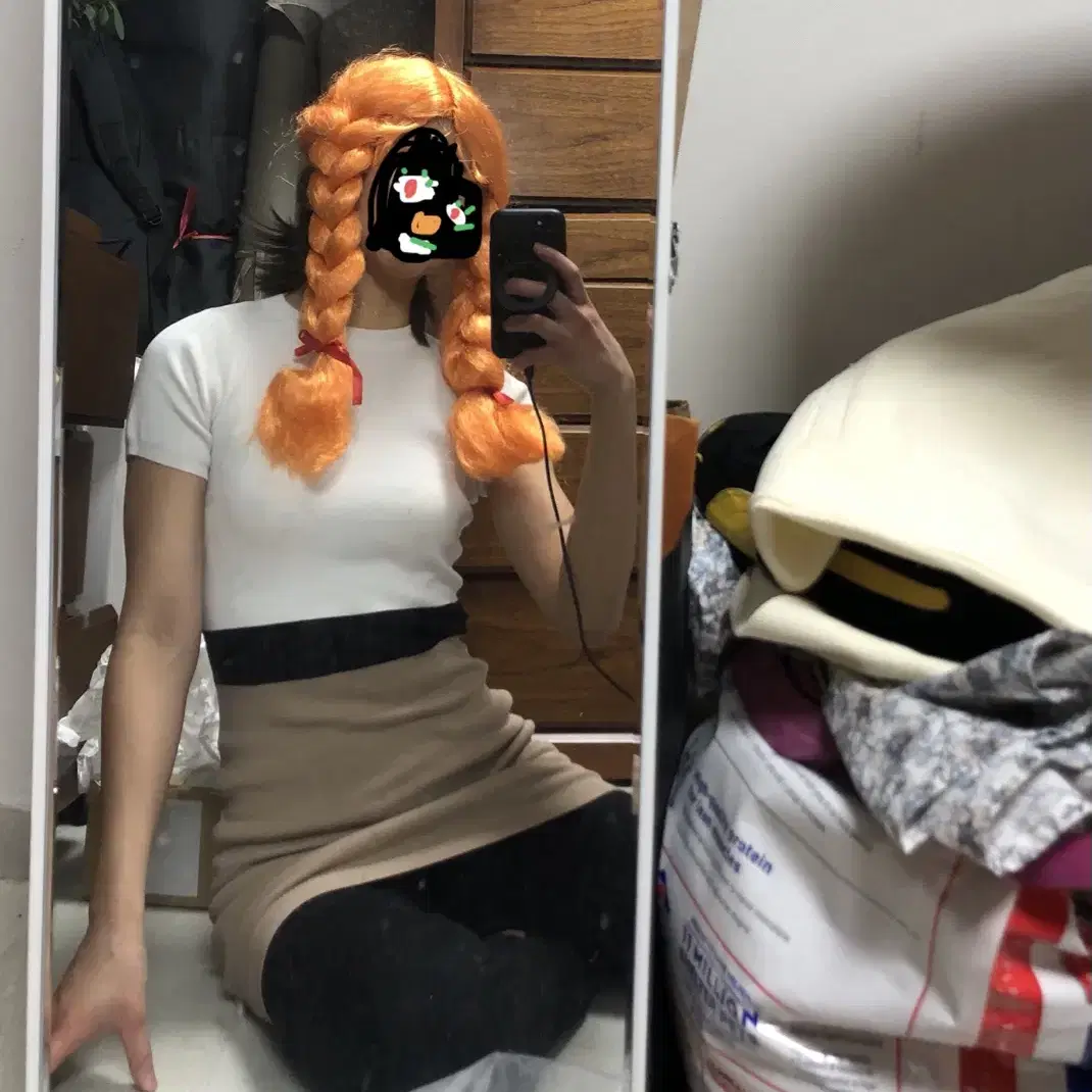 Side braid pigtails orange wig