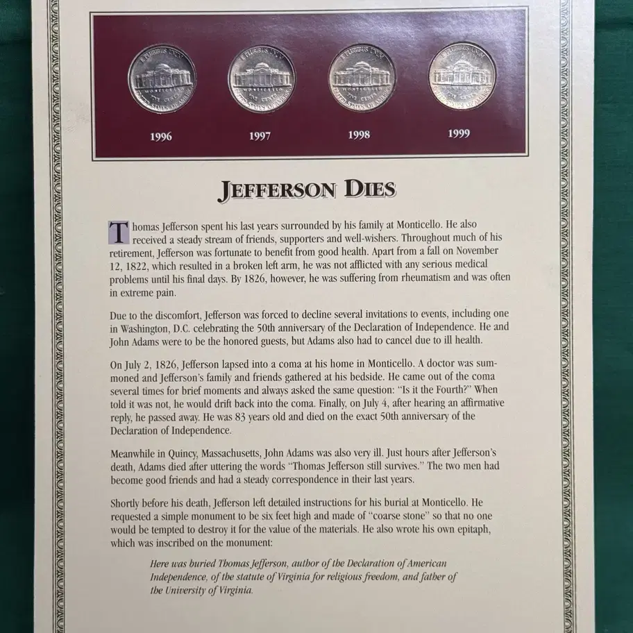 JEFFERSON DIES(1996-1999)4개년도5센트동전&우표