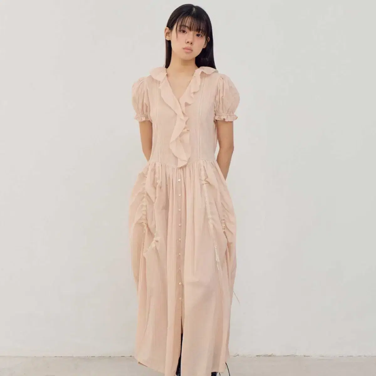 [TACTO MISSION NEW] Fleta 88 Ruffled Shirred Robe Dress ONEPIECE Pink