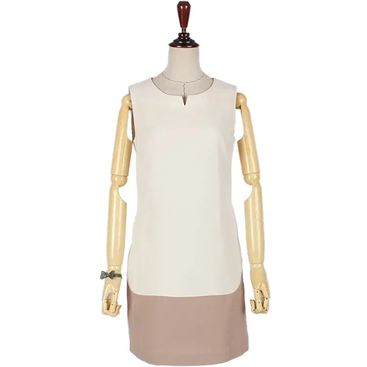 Beige Two-Tone Colorblocked Slit Neck Nash Unbalanced H-Line Mini ONEPIECE Sleeveless