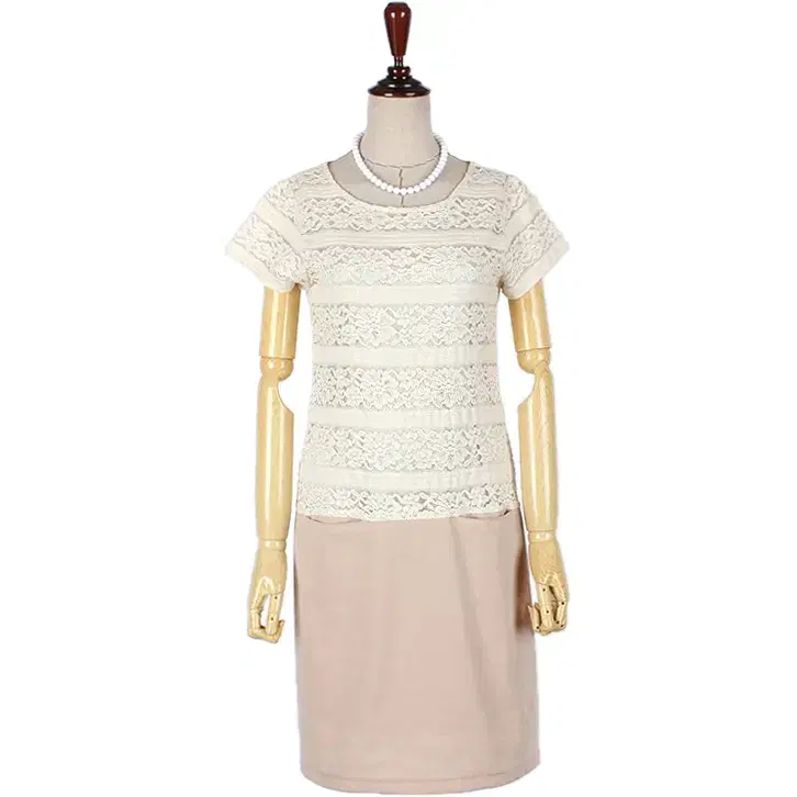 Beige See-Through Lace Flower Embroidered Stripe Pattern Short Sleeve H-Line Mini ONEPIECE