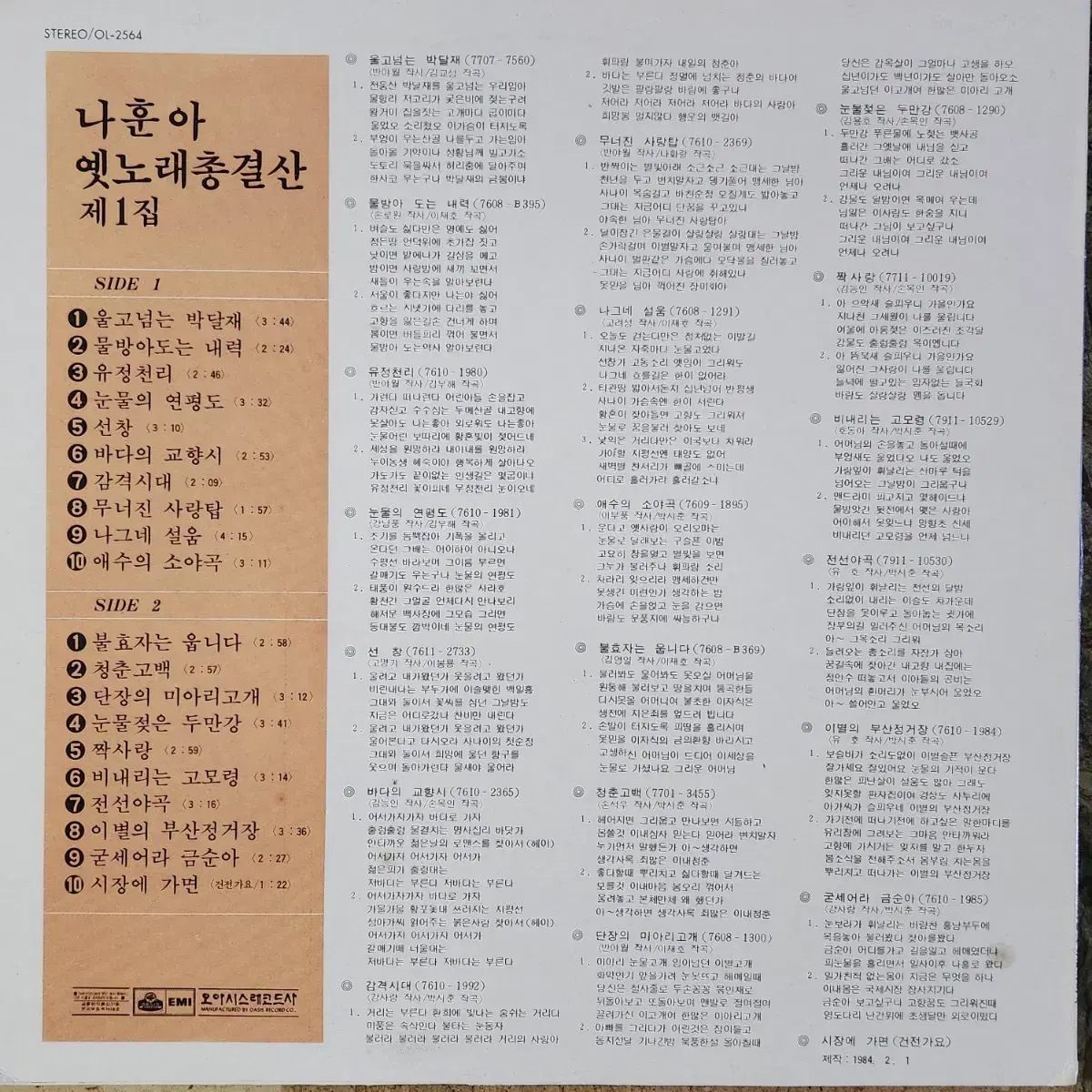 나훈아 옛노래총결산 제1집 LP (울고넘는 박달재/불효자는 웁니다)