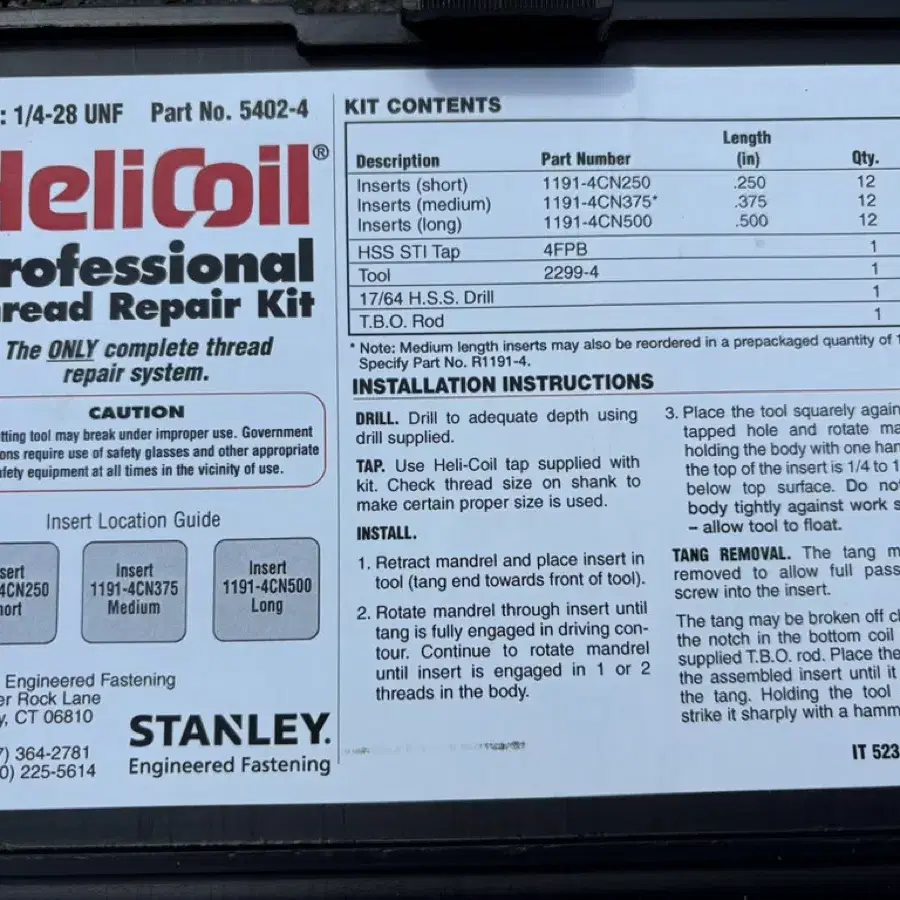 U.S HeliCoil 나사산 수리키트 (1/4-28")