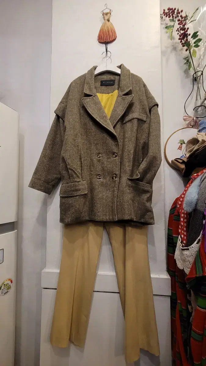 Misha Herringbone Jacket Coat. Imitation espin pants