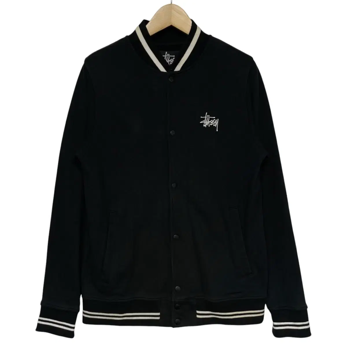 스투시 Stussy 스탁 로고 코튼 스웻 바시티 자켓 블랙