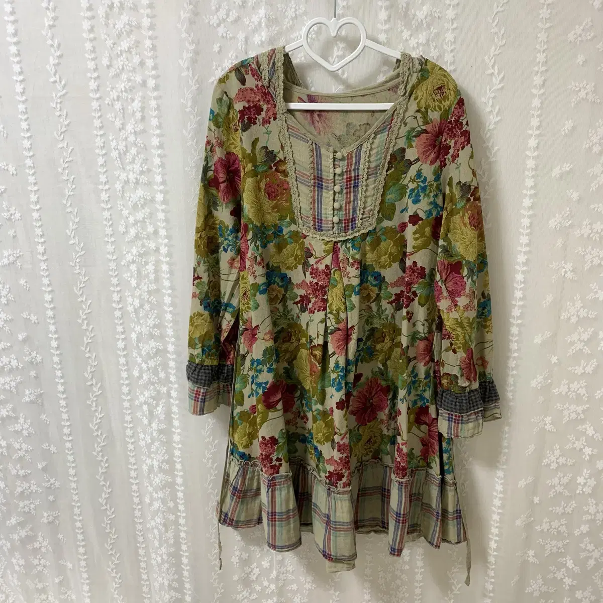 JapanVintage Mori Girl Hooded Lace Flower ONEPIECE Lovely Bohemian Patch