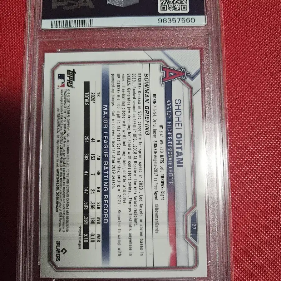 오타니 2021 Bowman Chrome PSA 8등급 카드