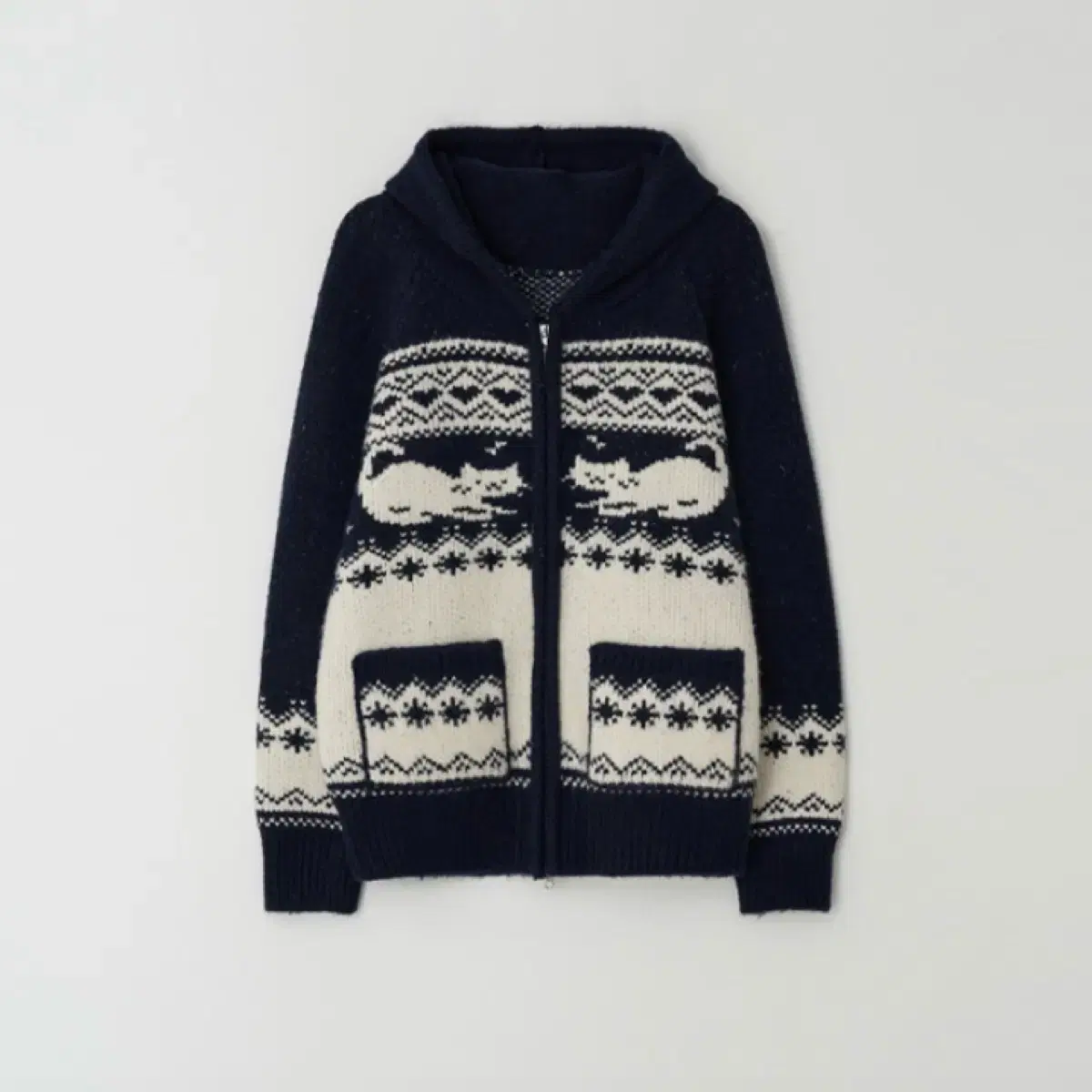 론론 캣 자카드 CAT JACQUARD HOOD ZIP UP KNIT