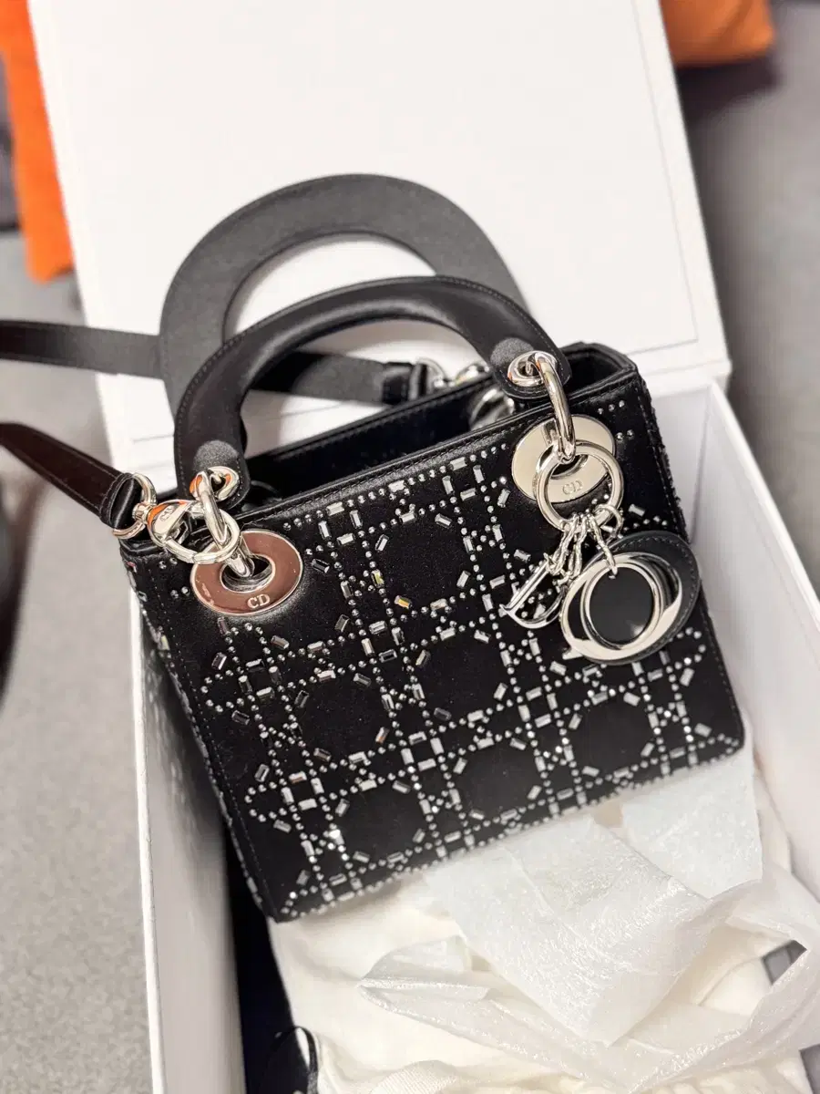 Lady Dior Mini Bag in Black Rhinestone Canvas Satin New