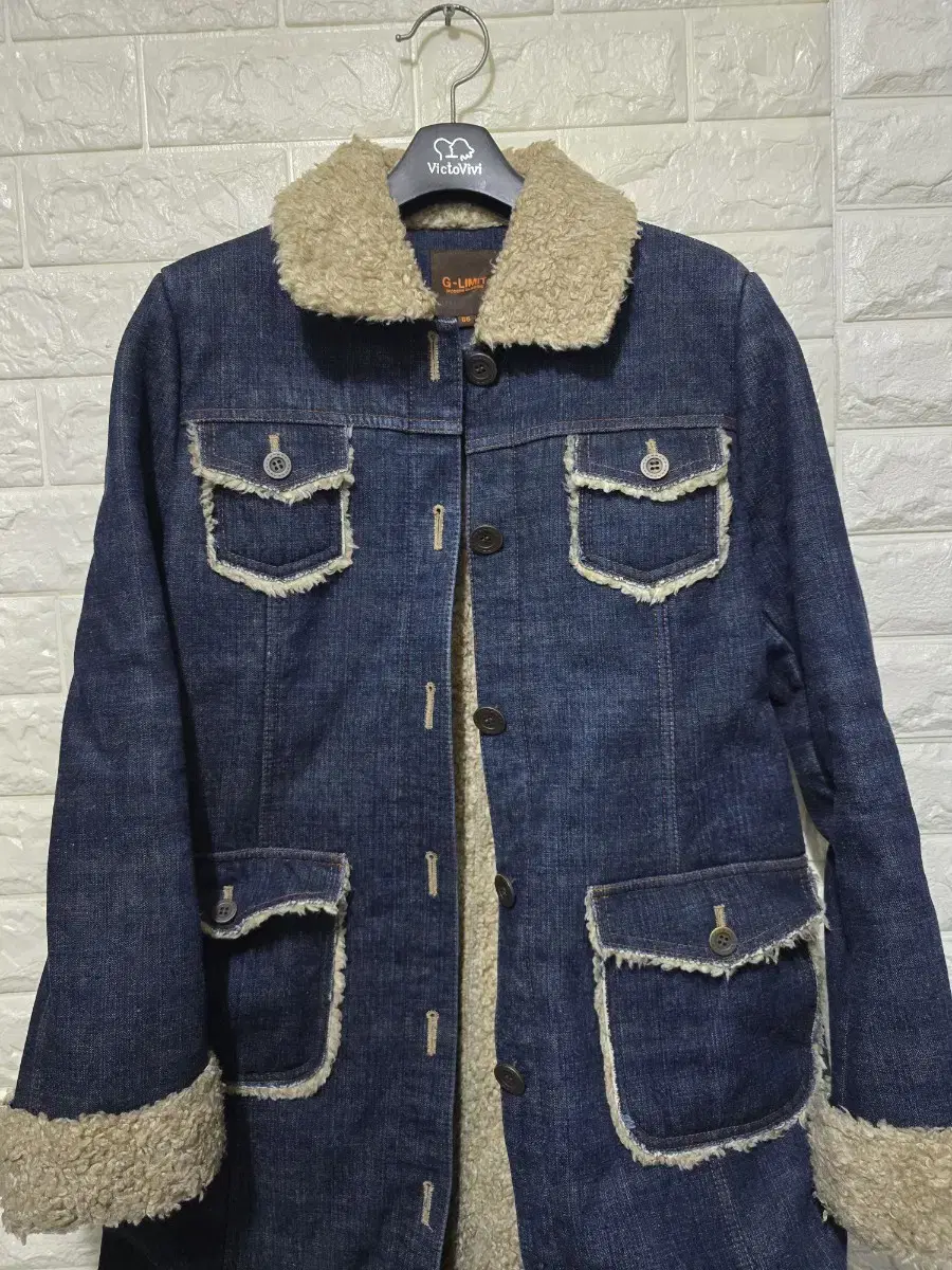 Blue denim fleece long jacket 55 to slim66