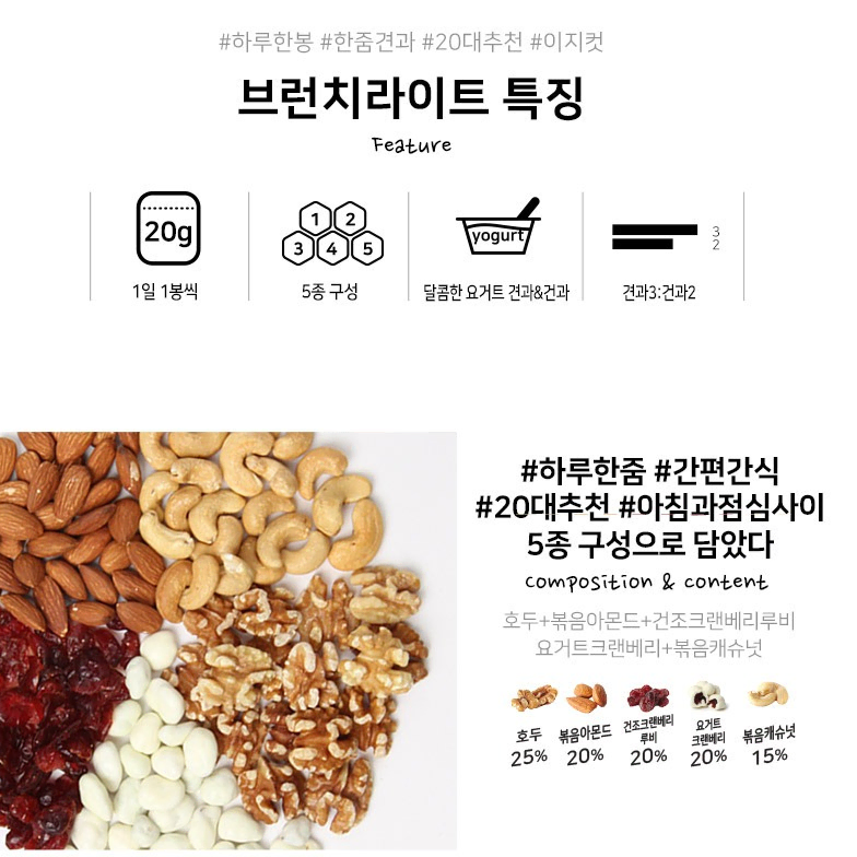 무료배송-산과들에 하루견과 브런치라이트 20g 80봉