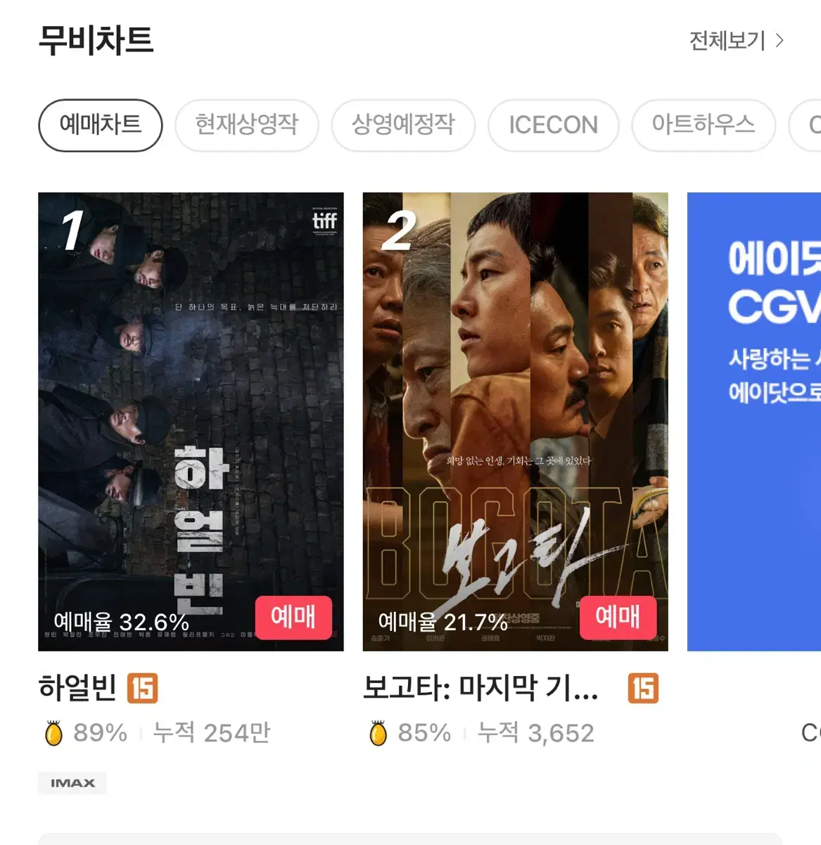 CGV 모든 특별관 티켓2장 팝니다. 오늘까지 사용해야 합니다. 장당 1