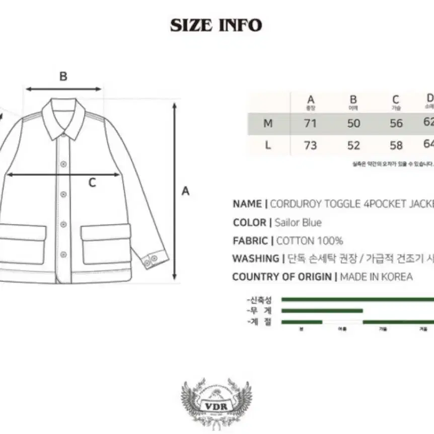 VDR 코듀로이 토글 4포켓 자켓 (세일러 블루)